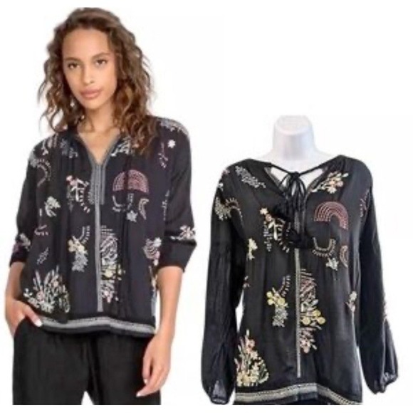 Johnny Was Tops - Johnny Was Pete & Greta Black Embroidered‎ Short Sleeve Size XS Oversized Cotton